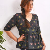 Black Multicolor Ikkat Handwoven Cotton Peplum Top 2