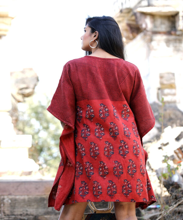 Red Handwoven Cotton Linen Short Handprinted Caftan 6